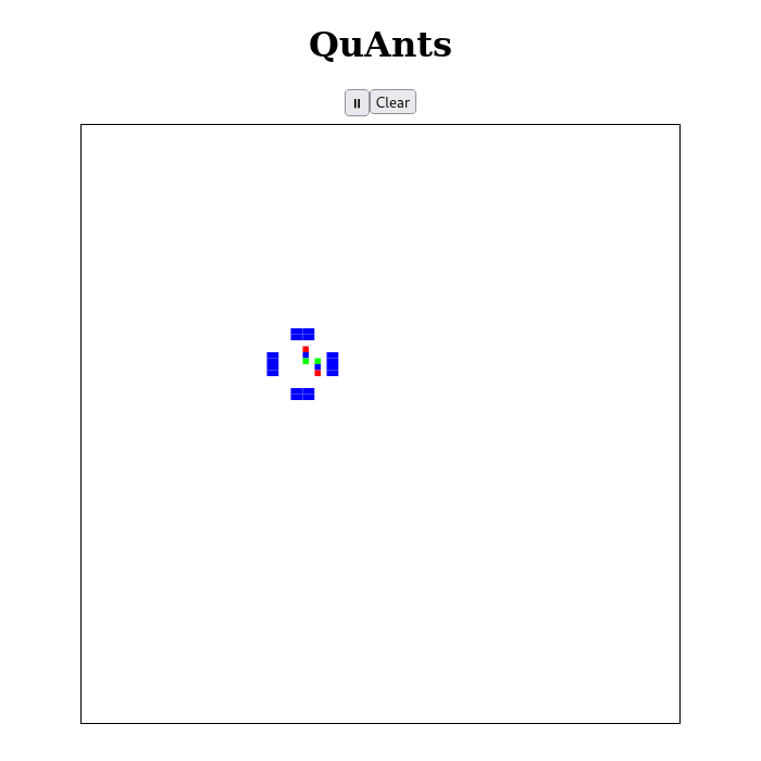 Grid showing various QuAnts (three-segment colored automata) moving in a grid